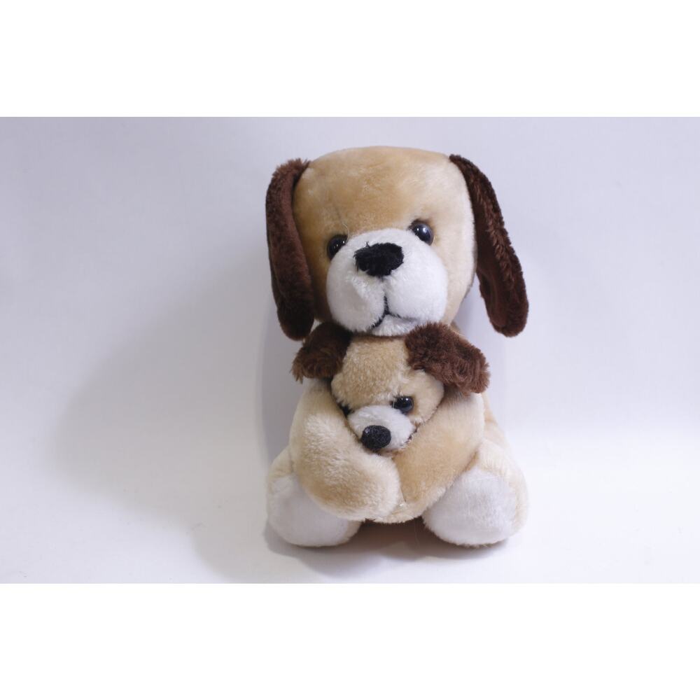 Mother Dog Hugging a Puppy, 8", Soft Toy, Light Brown, Love, Family, Stuffed
